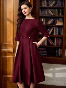 Vintamour 复古经典优雅女式连衣裙，修身船领 3/4 袖连衣裙，配有腰带和纽扣，海军蓝色连衣裙 - 酒紅色 - 查看 6