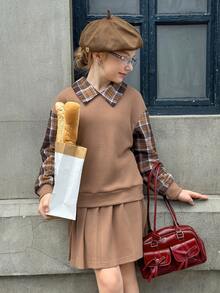 Bộ áo nỉ cổ polo và chân váy 2 trong 1 cho bé gái - Cà phê nâu - Xem 3