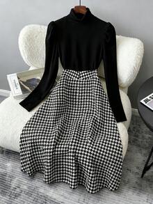 Franclia 女士秋冬日常通勤高领长袖修身衬衫和千鸟格中长裙两件套 - 黑色 - 查看 2