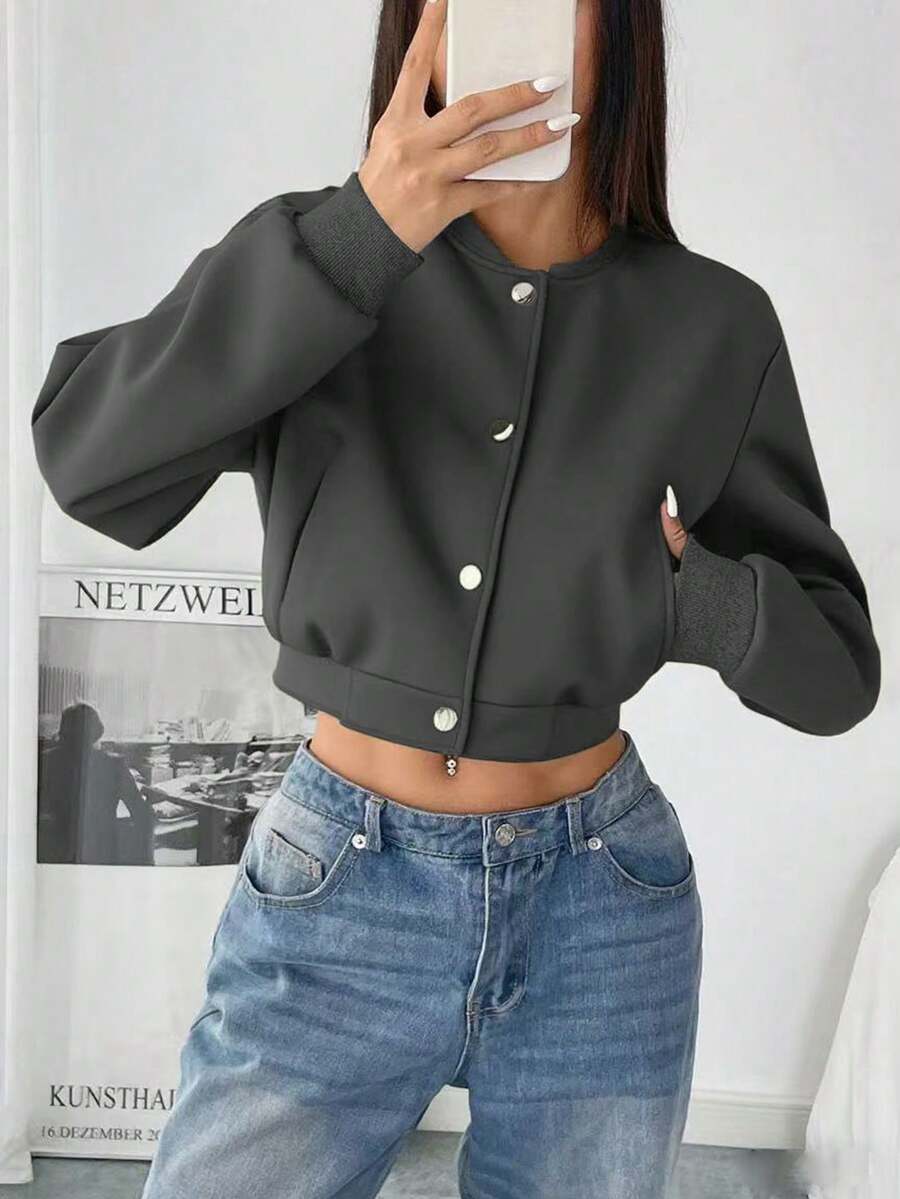 EMERY ROSE 纯色前扣口袋长袖短款休闲夹克 - 深灰色 - 查看 1