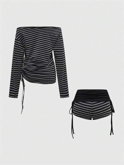 J-Fashion Ensemble femme Y2K sexy avec épaules dénudées, volants et manches chauve-souris rayées avec cordon de serrage