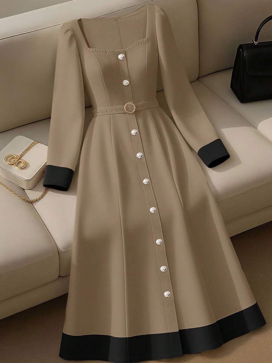 Franclia 女式优雅拼色长袖圆领系带 A 字长裙，米色，春/秋 - 卡其色 - 查看 1