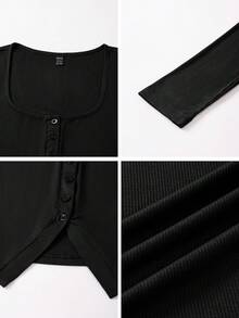 Rafferiza Áo thun nữ ChicEase kiểu dáng tối giản Y2K, phong cách vintage Mỹ, cổ vuông, màu trơn, tay dài, thích hợp cho mùa xuân/hè, phù hợp cho các cô gái năng động đi học hàng ngày và mặc ở nhà. - màu đen - Xem 9