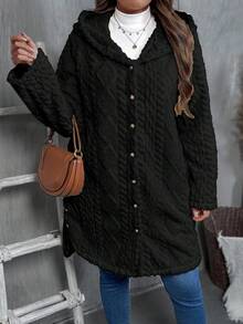 SHEIN Tall CURVE Plus Size Women Casual Solid Color Hooded Jacket, Winter - Black - View 6