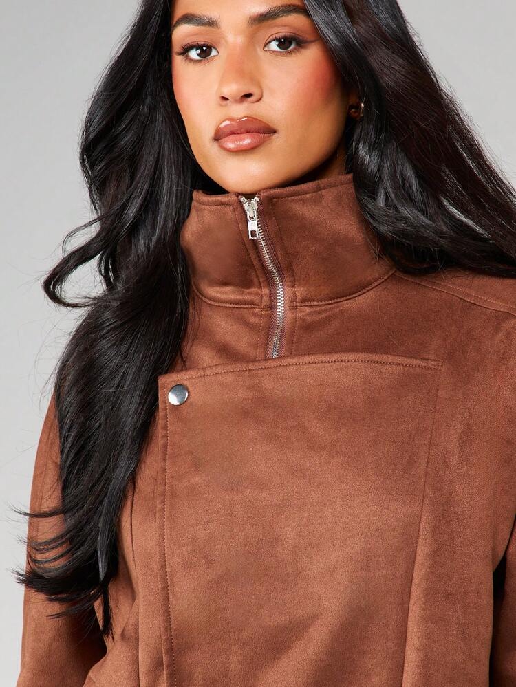 MISSGUIDED Chaqueta bomber de ante con cierre de media cremallera y cintura elástica, ropa de abrigo para otoño e invierno