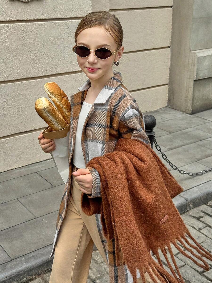 Tween Girl Casual Plaid Print Long Sleeve Jacket + Solid Color Top + Khaki Pants 3-Piece Elegant Outfit - Multicolor - View 1