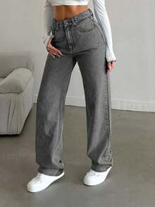 SHEIN Cottnline Snow Wash Straight Leg Jeans High Rise ,Petite Women - Grey - View 4