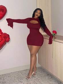 Veslaya Slayr Plus Size Sexy Red Hollow Out Bodycon Dress With Flare Sleeves, Revealing Chest Design/Christmas - Burgundy - View 3