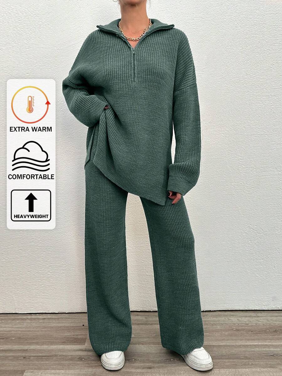 EURMUSE 2pcs Women's Plain Zip Up Long Sleeve Sweater Suit And Sweatpants - Mint Green - View 1