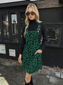 EMERY ROSE 女式豹纹口袋休闲可调节肩带套头连衣裙 - 綠色 - 查看 3