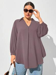 SHEIN Essnce Camisa negra de manga larga con cuello en V, suelta y cómoda, para mujer de talla grande en otoño e invierno, ropa de mujer para otoño, blusas de mujer, tops curvos, dinero viejo, blusas negras, ropa casual de oficina para mujer, atuendos de mujer, tops de mujer, regreso a casa, maestro, tops de trabajo - Marrón Mocha - Ver 6
