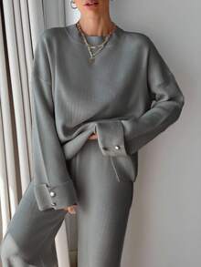 EURMUSE Women Button Detailed Sweater And Pant Set - Light Grey - View 7