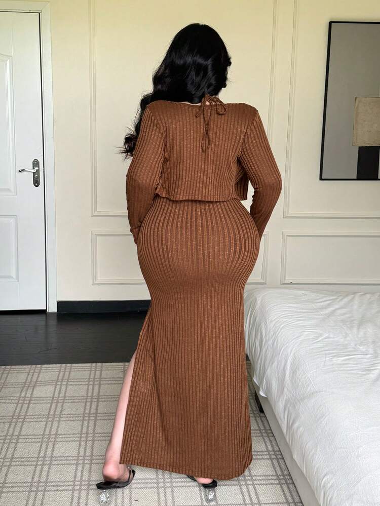 Flirla 大码女式棕色纯色针织细肩带性感开衩连衣裙 + 休闲针织开衫两件套 - 棕色 - 查看 2
