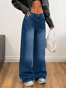 EURMUSE Low Waist Wash Detailed Wideleg Jean - Dark Wash - View 5
