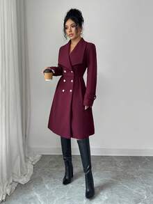 SHEIN Elenzya Women's Double-Breasted Lapel Elegant Casual Street Commute Business Romantic Date Party Christmas Coat, Burgundy, Autumn/Winter - Burgundy - View 4