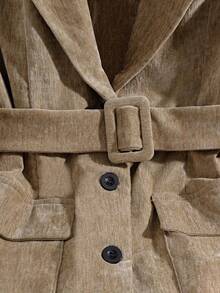 GlowEve 女士优雅商务通勤天鹅绒面料腰带西装外套，秋冬 - 卡其色 - 查看 4