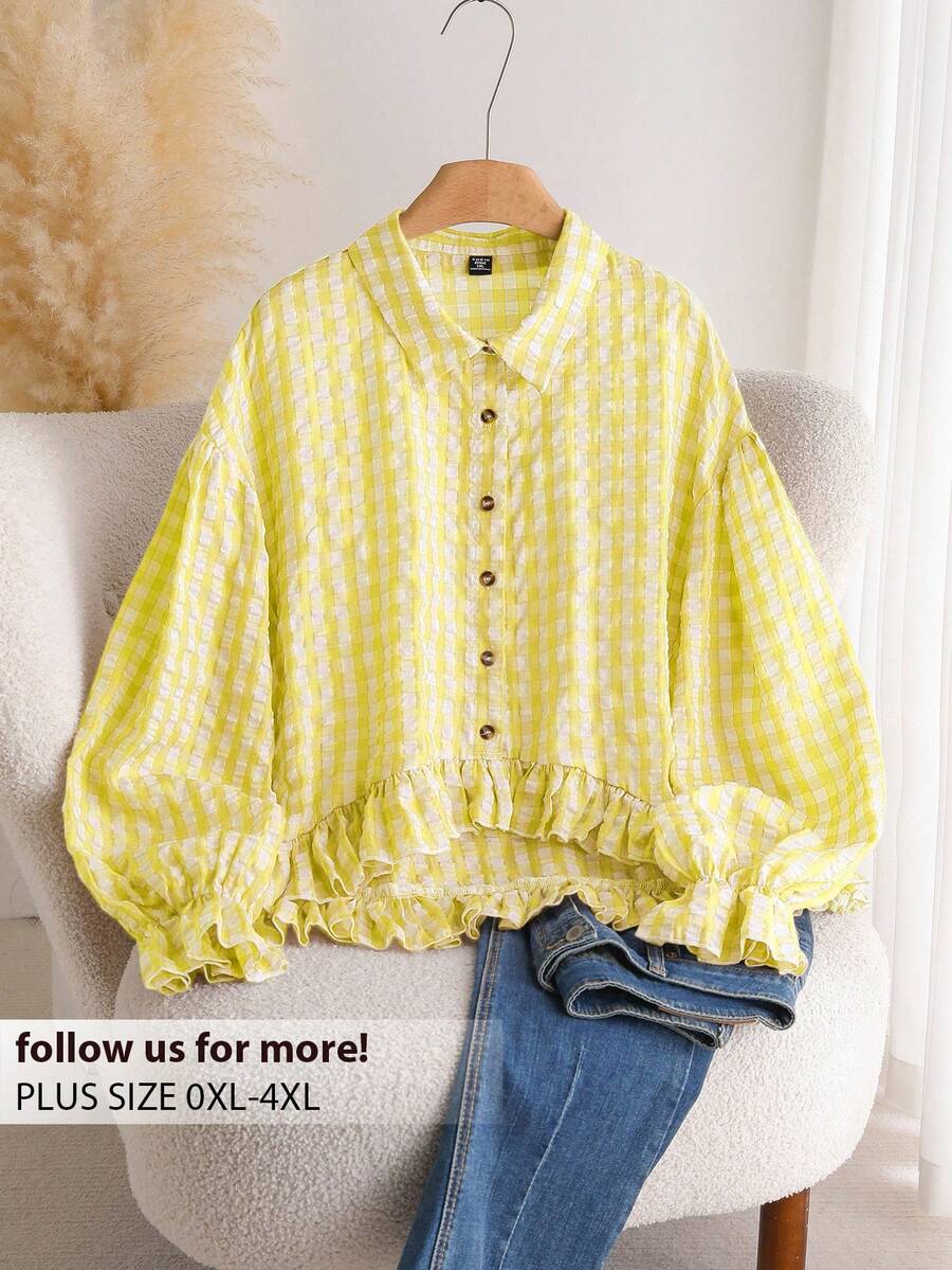 CosyJoli Plus Size Plaid Front Button Ruffle Lantern Sleeve Fashion Shirt Butter Yellow - Light Yellow - View 1