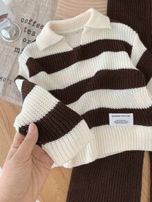 SHEIN 2件套少女条纹V领休闲毛衣和紧身裤套装 - 棕色 - 查看 4