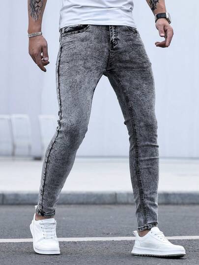 Manfinity Homme Men's Slim Fit Washed Denim Jeans, Plain Slim Fit Dark Jeans Long Light Grey Acid Wash Cargo Jeans, For Husband, Boyfriend Gifts, Men Skinny Jeans, Slim Fit Men Jeans Commute Urban Street Work Workout, Emo Style