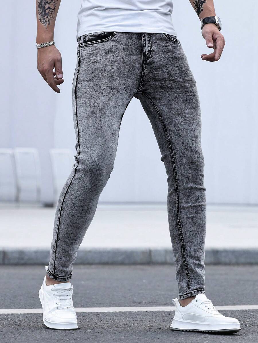 Manfinity Homme 男士修身水洗牛仔裤，纯色修身深色牛仔裤，长款浅灰色酸洗工装牛仔裤，送给老公、男朋友的礼物，男士紧身牛仔裤，修身男士牛仔裤，通勤、都市街头、工作、健身，emo 风格 - 灰色 - 查看 1