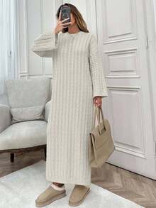 EURMUSE Váy len dệt kim dài cho nữ - Màu be - Xem 7