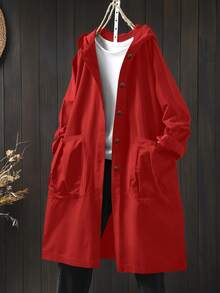 SHEIN LUNE Plus Size Casual Hooded Long Jacket With Large Pockets - Red - View 3