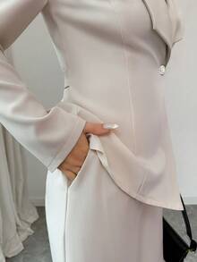 Elenzga 女士优雅翻领 V 领长袖独特设计腰带纽扣高端西装外套和直筒阔腿裤两件套西装，适合秋季上班通勤 - 杏色 - 查看 3