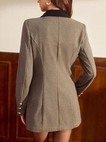 Vintamour Áo khoác Blazer nữ cổ điển thanh lịch, áo khoác Blazer cài nút kim loại màu tương phản vừa vặn, áo khoác Blazer Jacquard tay dài màu cà phê cho mùa thu/đông - Cà phê nâu - Xem 2