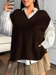 Vibekara Áo khoác cardigan dài tay buộc phía trước thường ngày cỡ lớn cho nữ - Cà phê nâu - Xem 3