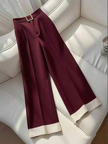 GlowEve Women's Elegant Everyday Commute Versatile Fashion Mocha Brown Wide Leg Pants With Contrasting Hem Design