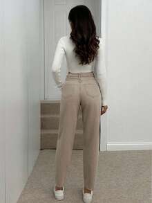 SHEIN Tall 女式高腰口袋直筒宽松休闲百搭牛仔裤 - 米色 - 查看 4