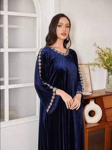 Al Najma 海军蓝色奢华天鹅绒刺绣优雅长袖连衣裙，适合正式场合，秋冬季 - 寶藍色 - 查看 6