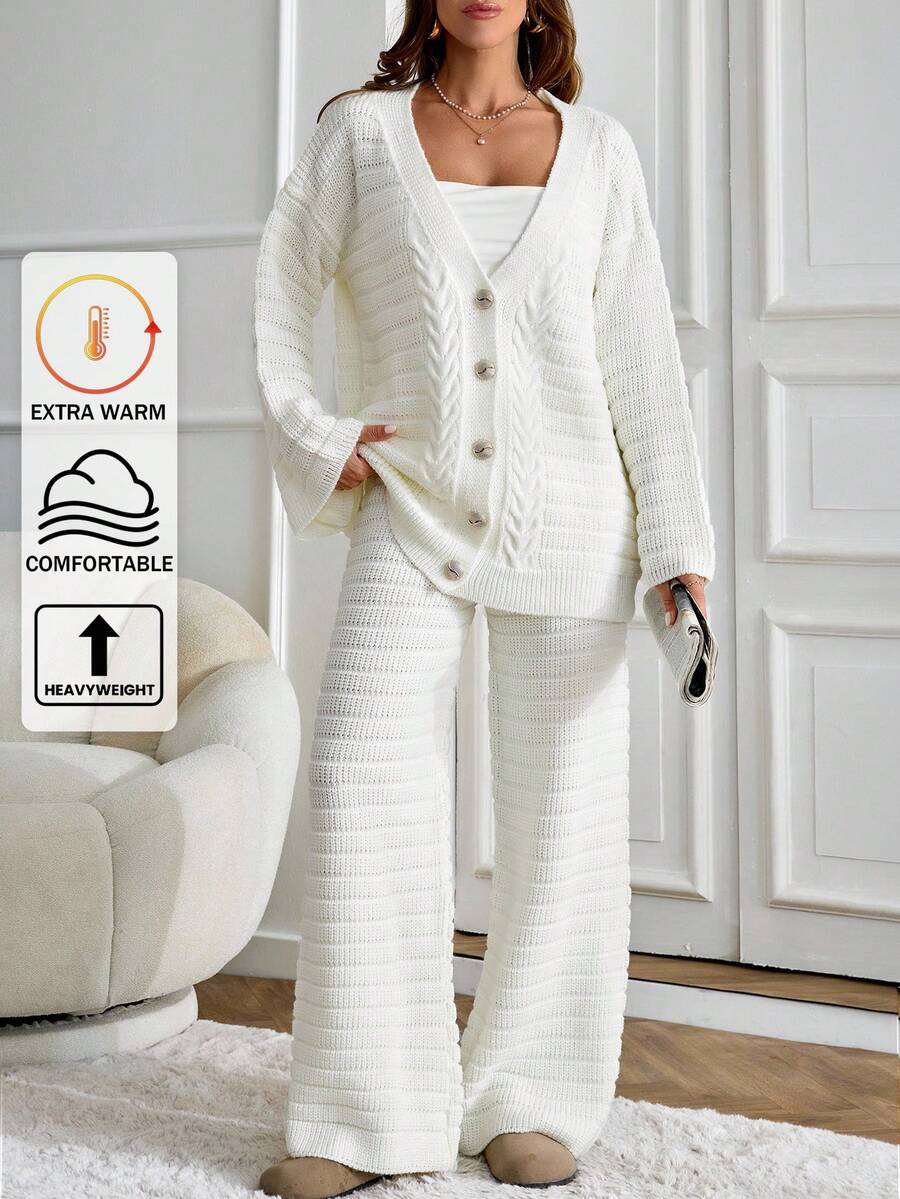 EURMUSE Casual V Neck Cable Knit Textured Pattern Cozy Oversize Balloon Sleeve Button Down Cardigan & Wide Leg High Waist Knitted Pants 2 Pieces Knit Set For Fall Winter Women Outfits White Knit Set Women Two Piece Knit Set White Matching Set Women Womens White Knit Suit White 2 Piece Set Women - Apricot - View 1