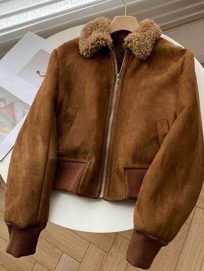 Franclia New Autumn/Winter Fur Collar Thermal Lined Retro Lapel Women Casual Jacket