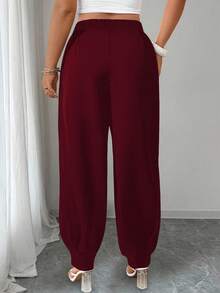 Elenzga Plus Size Solid Color Pleated Waist Belt Loop Casual Loose Fit Pants - Burgundy - View 2
