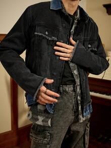 Manfinity Homme Casual Amekaji Black Denim Jacket For Men Regular Length Long Sleeve Plain With Practical Pockets And Collar - Black - View 6