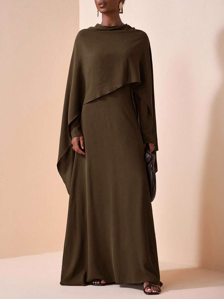 Zivah 2025 女式西部游牧风、生日派对风格、百搭休闲日常穿着、休闲度假、邮轮旅行斗篷不对称下摆宽松上衣和连衣裙套装 - 軍綠色 - 查看 1
