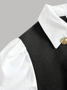 Girlism Teen Girls Shirt Co-Ords Patchwork Double-Breasted Lapel Shirt & Solid Color Pants Casual Suit Set - Black and White - View 5