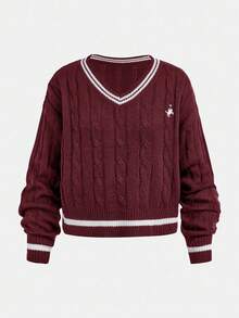 SHEIN Suéteres para adolescentes con cuello en V profundo, de manga larga, a rayas, casuales, elegantes y suaves, tops de manga larga - Burdeos - Ver 6