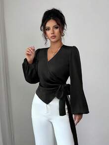 Elenzga 女式纯色灯笼袖裹身领带优雅衬衫，秋季 - 黑色 - 查看 6