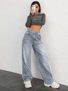 EURMUSE 100% COTTON HIGH WAIST BUTTON DETAILED WIDE LEG JEAN - Baby Blue - View 6