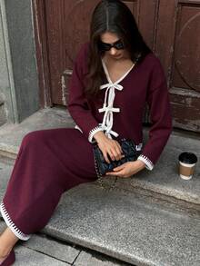 SHEIN Unity 2pcs Ombre Bowknot Strap Casual Basic Knit Set, Autumn/Winter - Burgundy - View 7