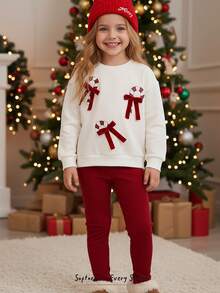Cozy Pixies 2 Stücke/Set Kleine Mädchen Weihnachten Candy Cane Farbblock Schleife Dekor Rundhals Langarm Kapuzen Sweatshirt und Jogginghose mit elastischem Bund - Rot - Übersicht 8