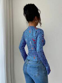 Elenzga 女士优雅 U 领花卉印花褶皱腰长袖 T 恤上衣，适合女性日常生活、派对、通勤、秋冬季 - 藍色 - 查看 2