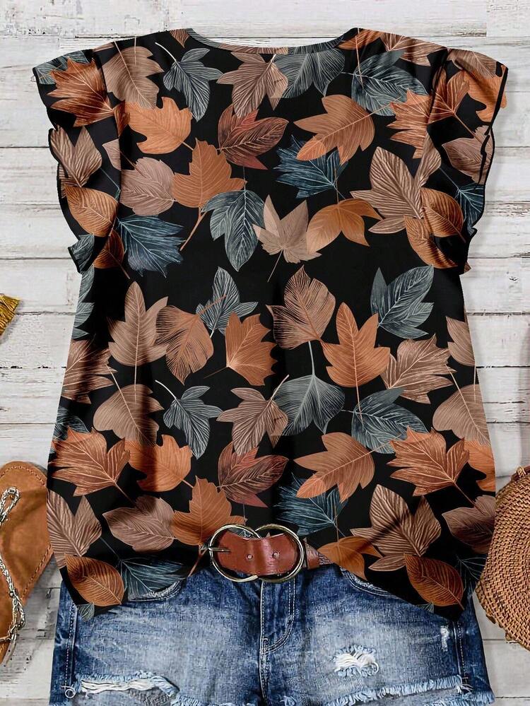 Women's Casual Leaf Print Cap Sleeve Shirt, Suitable For Summer Women Blouses Summer Fall Tops Women Leaf Print Blouse Brown Blouse Casual Blouse Chic Blouses For Women