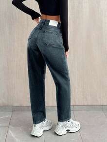 SHEIN Cottnline HIHG RISE DARK GREY MOM JEAN WITH WHITE JACRON - Dusty Blue - View 2