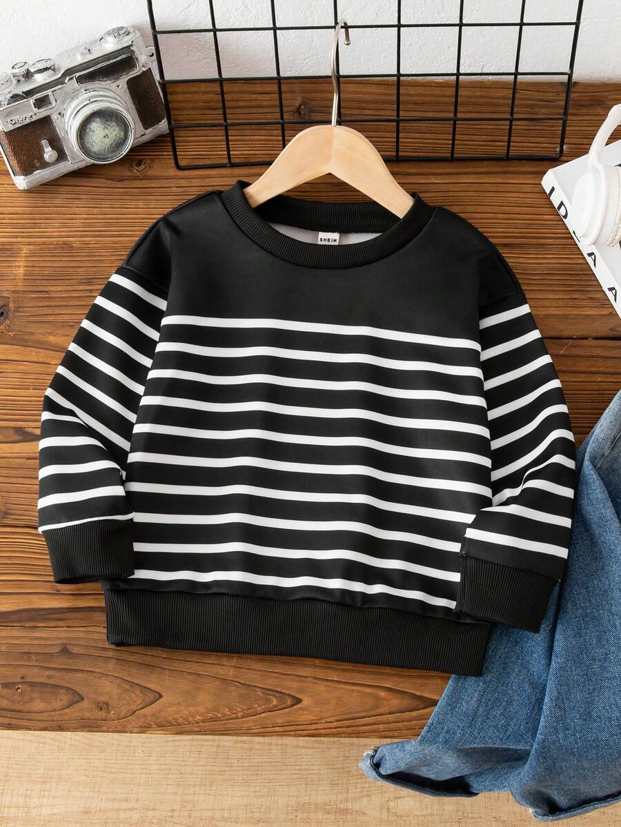 Young Boy Casual Striped Print Loose Fit Drop Shoulder Pullover Sweatshirt, Suitable For Spring And Autumn
