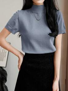 Almamuse 女士休闲日常通勤简约纯色高领短袖宽松针织上衣，秋冬 - 灰色 - 查看 5