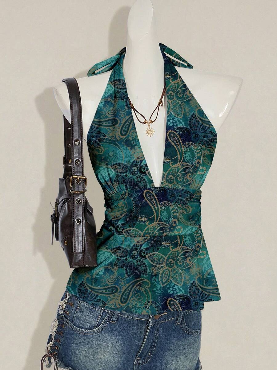 SHEIN ICON Women's Casual Sexy Deep V-Neck Ruched Waist Backless Babydoll Tank Top, Suitable For Y2K, Paisley Print Teal