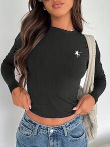 INAWLY Áo thun dài tay cổ tròn thêu màu tương phản dành cho nữ - màu đen - Xem 4